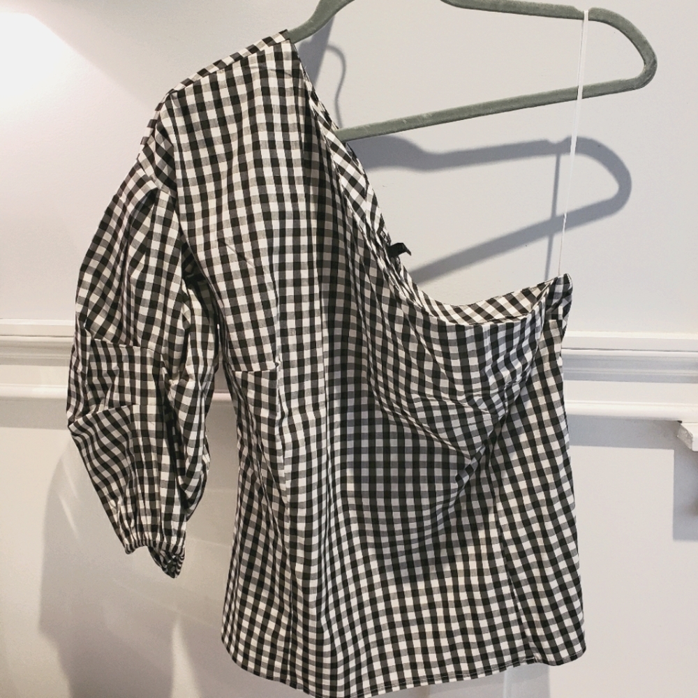 Express Gingham one shoulder rouched top